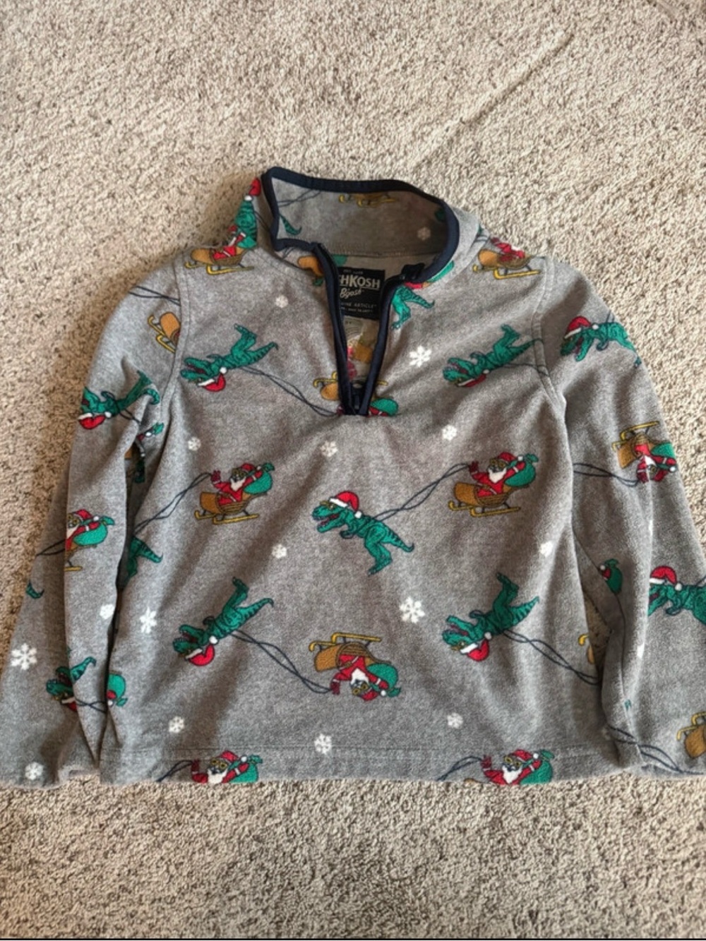 OshKosh B'gosh Gray Holiday Pullover with Green t-Rex & Red Santa Accents